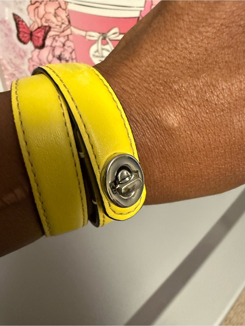 Coach Yellow Double-Wrap Leather Bracelet with Silver Turn-Lock /Dust Bag